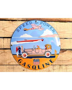 Union Gasoline "Speed & Power" - Vintage Gebold Emaille Bord