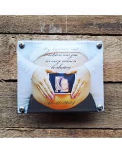 Zwangerschapsfoto met echo op emaille bord